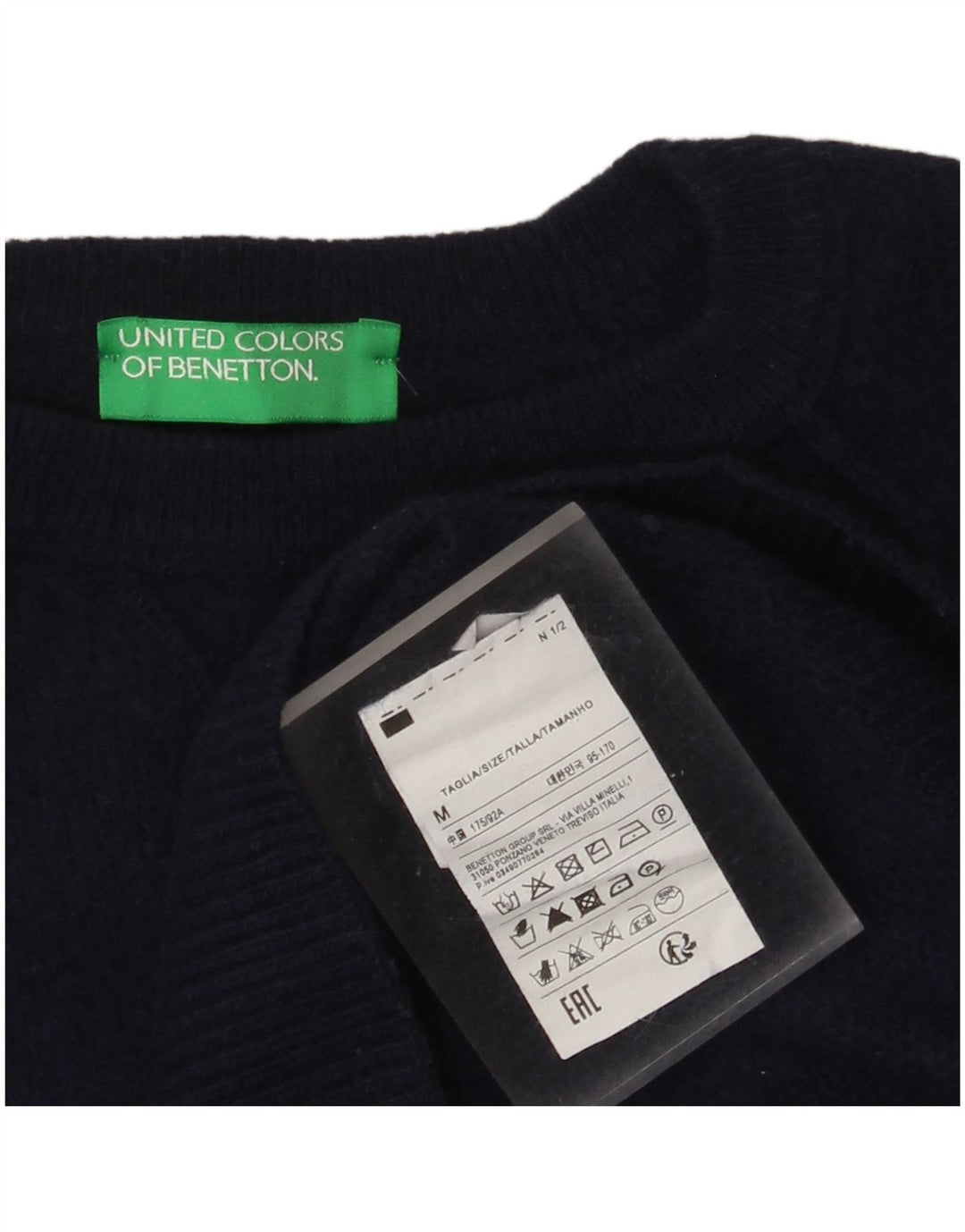 Benetton Womens Crew Neck Jumper Sweater UK 14 Medium Navy Blue Wool