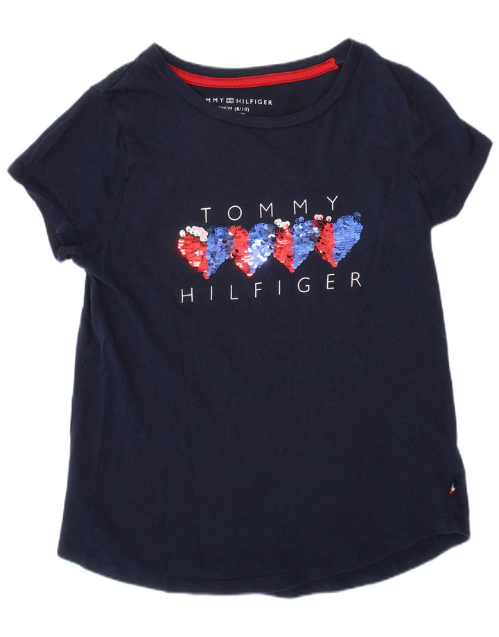 Tommy Hilfiger Girls Graphic T-Shirt Top 8-9 Years Medium Navy Blue Cotton