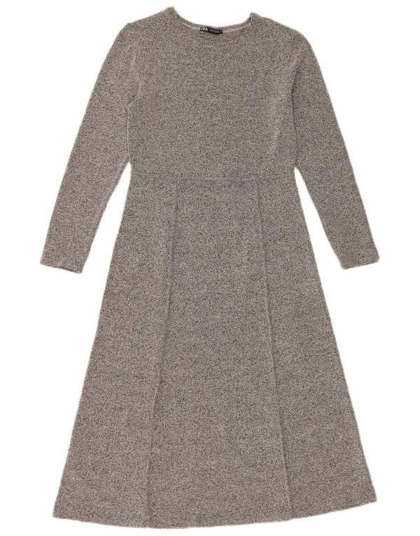 Zara Womens Long Sleeve A-Line Dress UK 12 Medium Grey Flecked