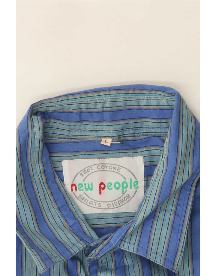 Vintage Mens Short Sleeve Shirt Large Blue Striped Cotton