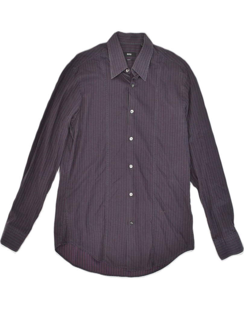 HUGO BOSS Mens Slim Fit Shirt Size 41-42 Large Purple Striped Cotton | Vintage Hugo Boss | Thrift | Second-Hand Hugo Boss | Used Clothing | Messina Hembry 