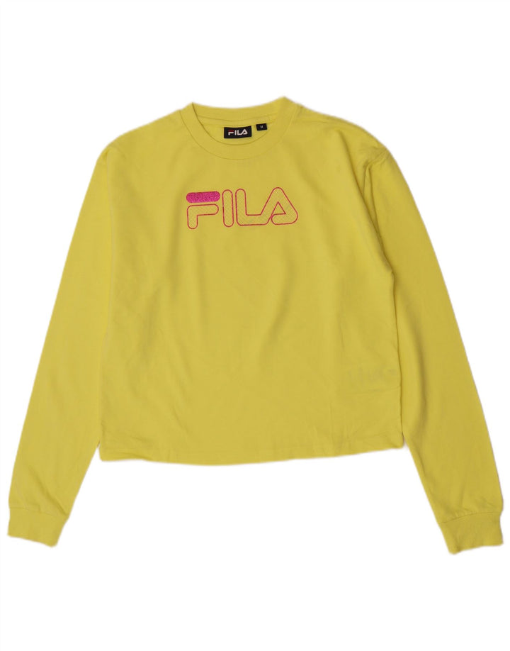 Fila Womens Crop Graphic Top Long Sleeve UK 14 Medium Yellow Cotton