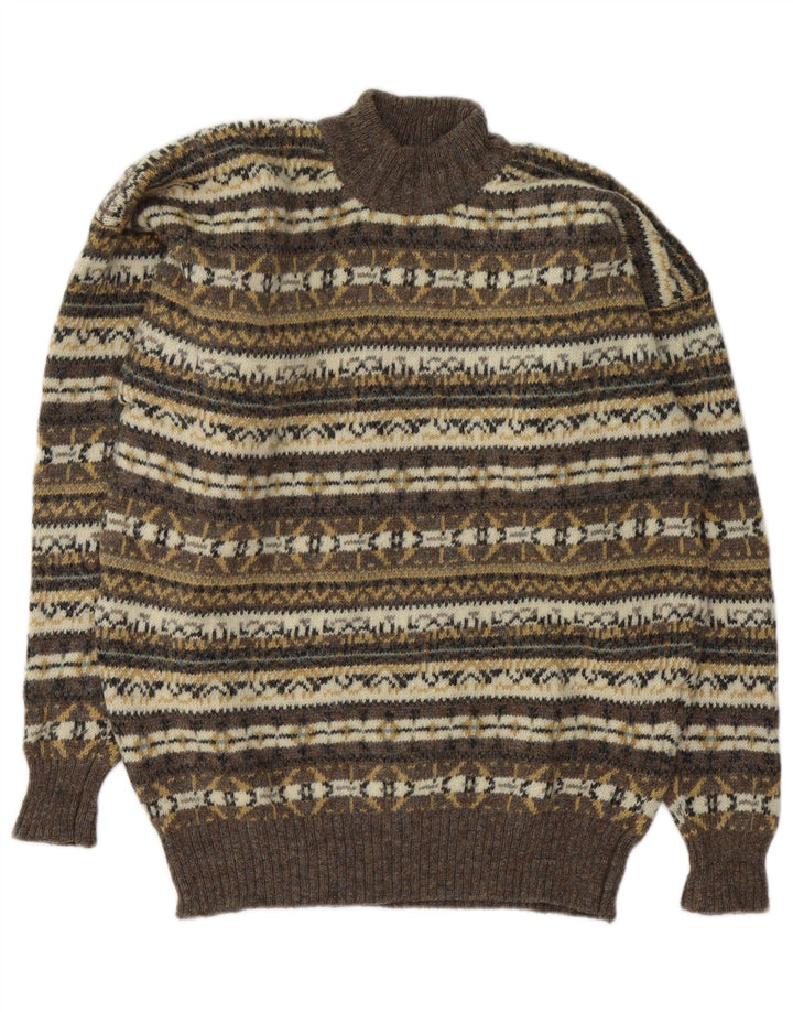 PAOLO DI QUINTO Mens Turtle Neck Jumper Sweater Large Brown Fair Isle
