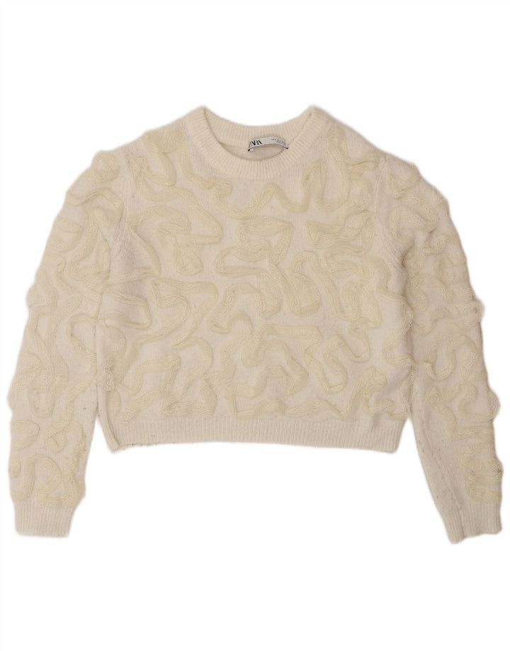 Zara Womens Abstract Pattern Crew Neck Jumper Sweater UK 10 Small Off White
