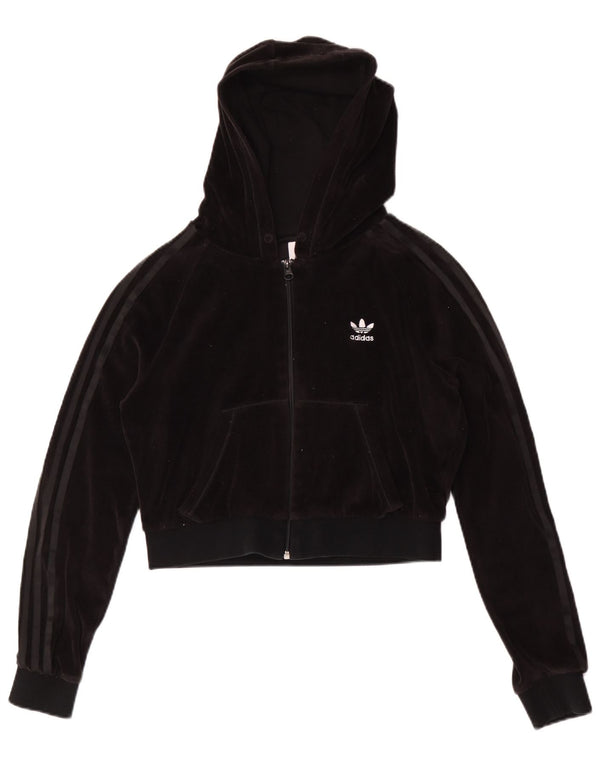 Adidas Womens Crop Velour Zip Hoodie Sweater UK 14 Medium Black