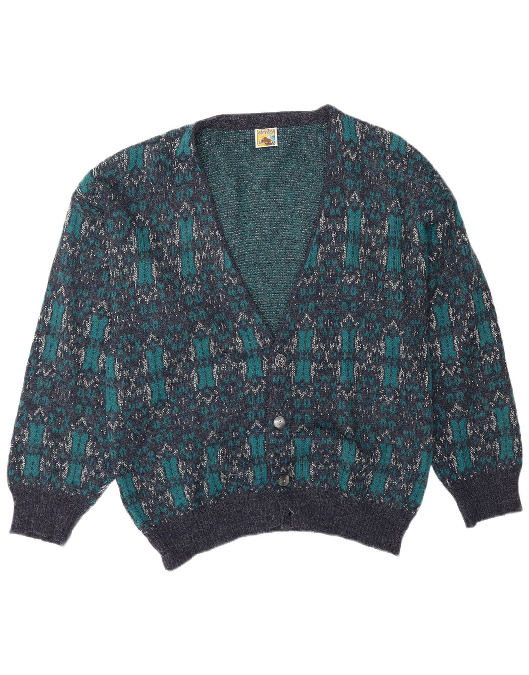 Derby Mens Cardigan Sweater Large Blue Geometric