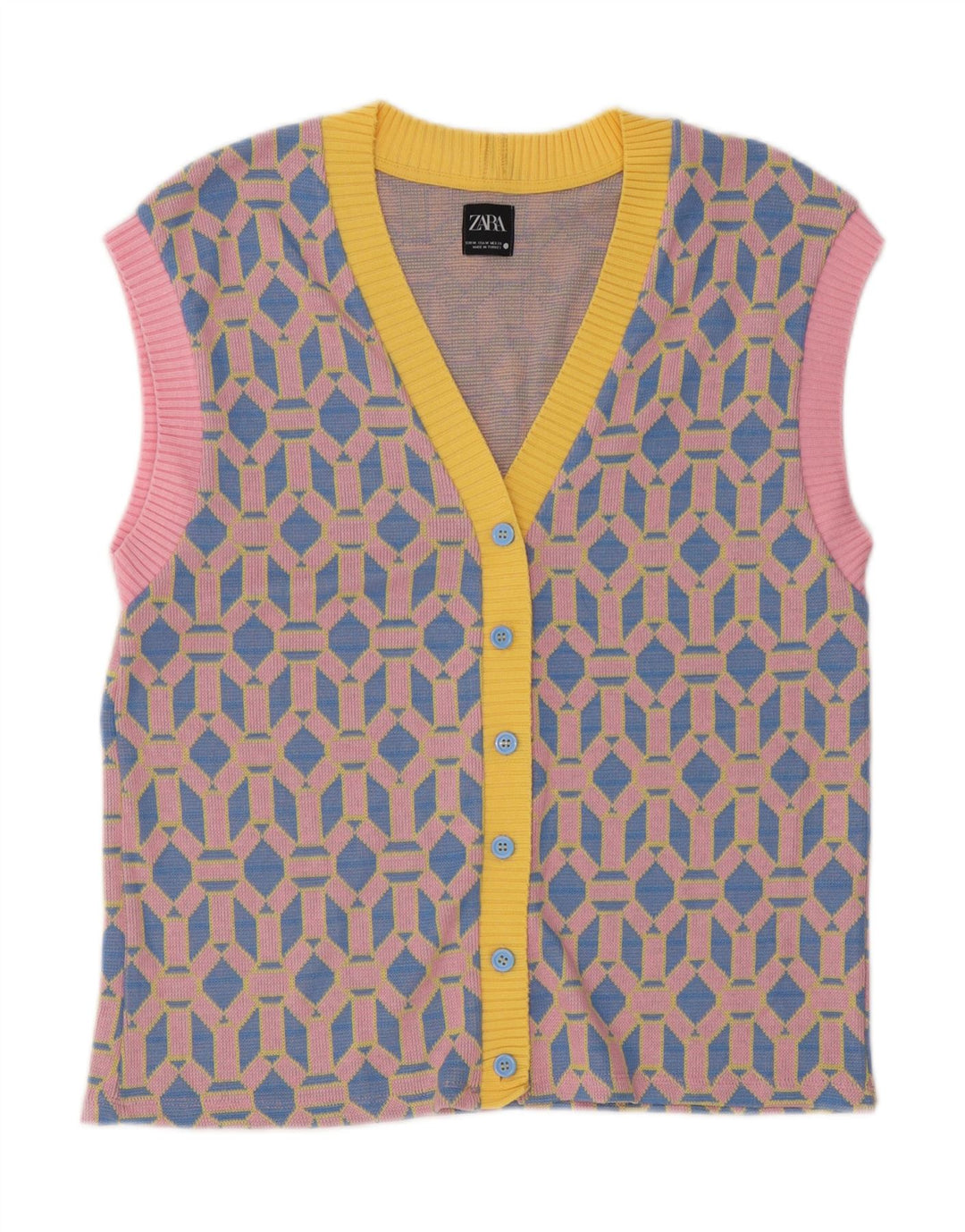 Zara Womens Sleeveless Cardigan Sweater UK 14 Medium Blue Geometric