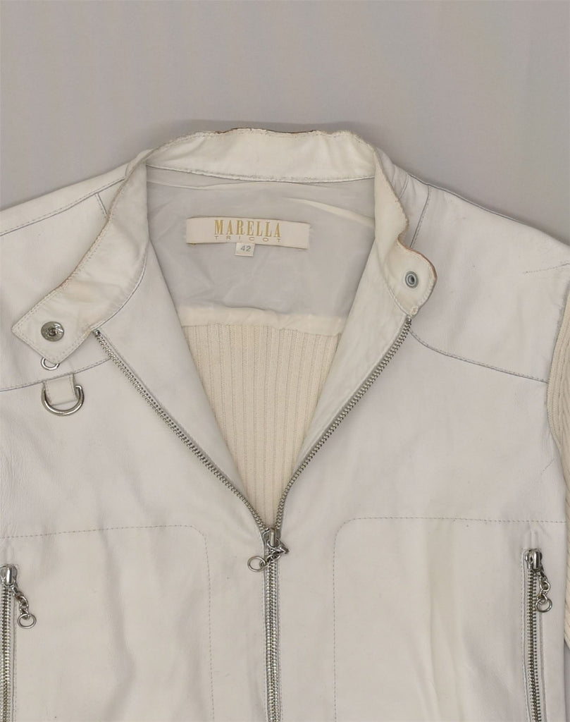 MARELLA Womens Leather Jacket IT 42 Medium Off White Leather | Vintage Marella | Thrift | Second-Hand Marella | Used Clothing | Messina Hembry 