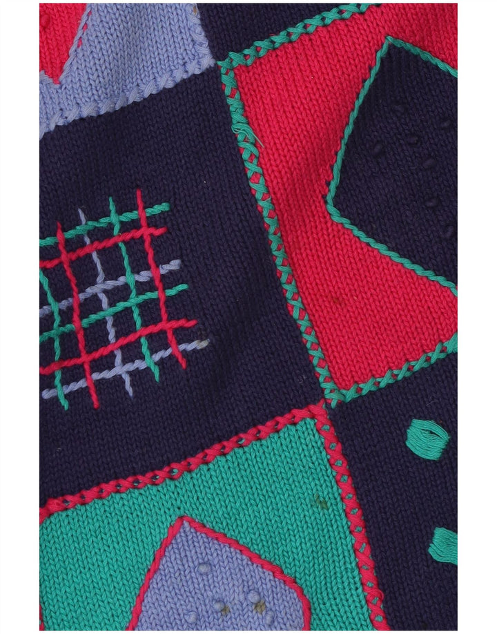 VINTAGE Womens Crew Neck Jumper Sweater UK 14 Medium Navy Blue Patchwork