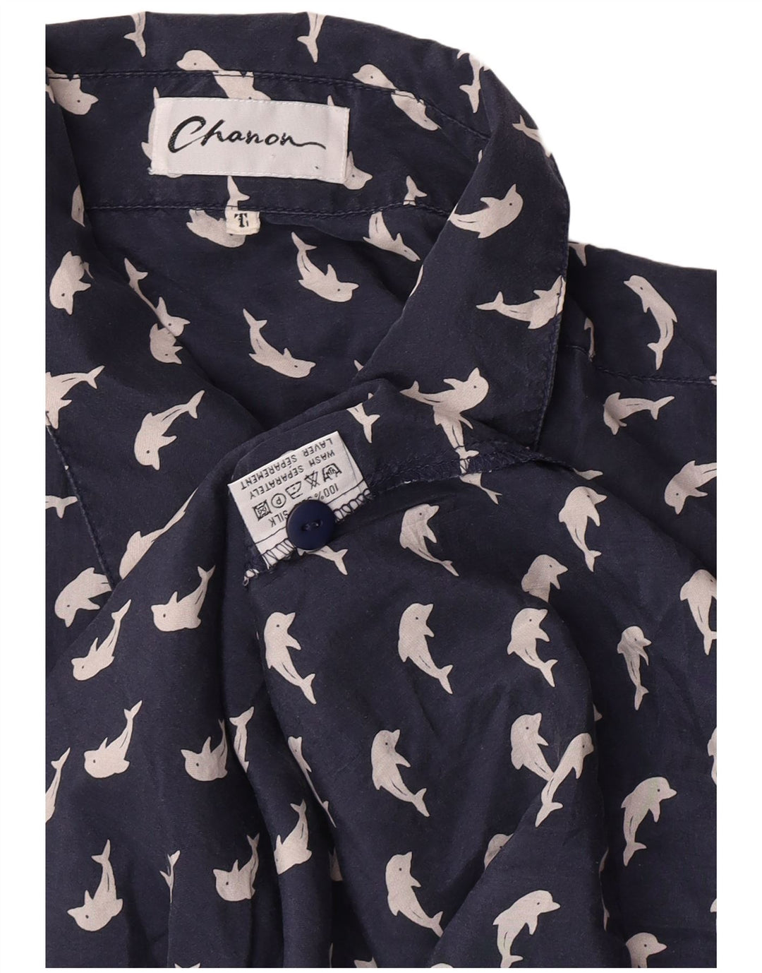 Chanon Womens Graphic Short Sleeve Shirt Large Navy Blue Silk