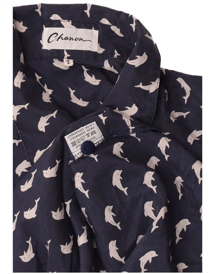 Chanon Womens Graphic Short Sleeve Shirt Large Navy Blue Silk