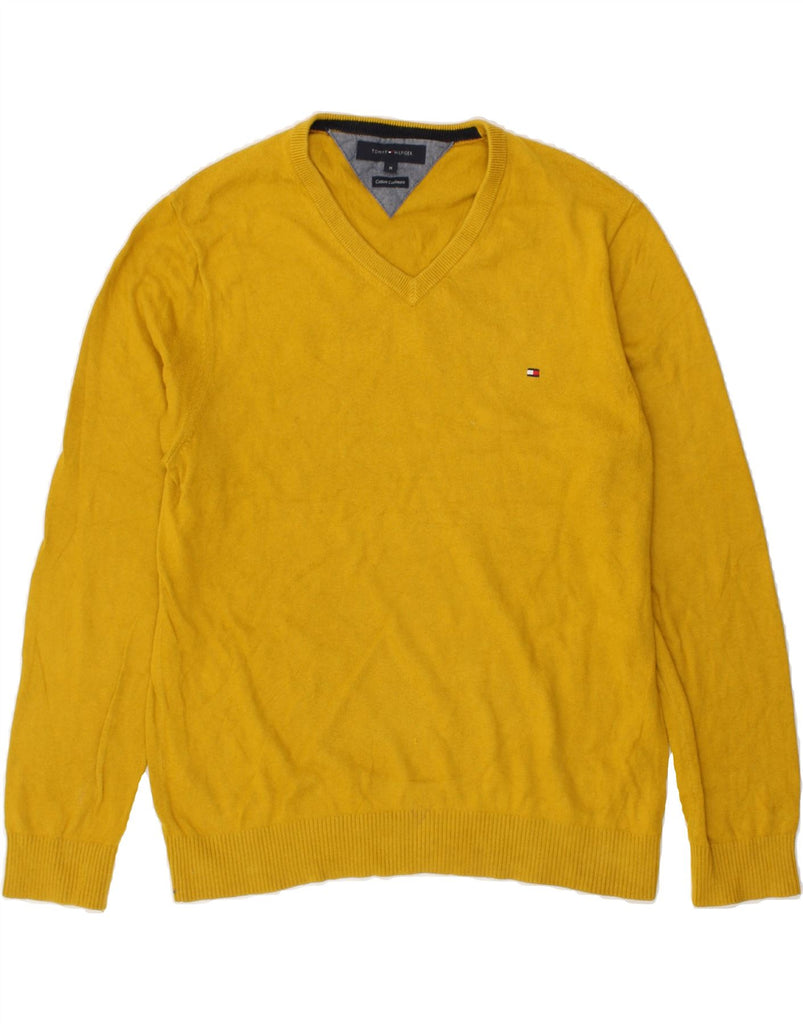 TOMMY HILFIGER Mens V-Neck Jumper Sweater Medium Yellow Cotton | Vintage Tommy Hilfiger | Thrift | Second-Hand Tommy Hilfiger | Used Clothing | Messina Hembry 
