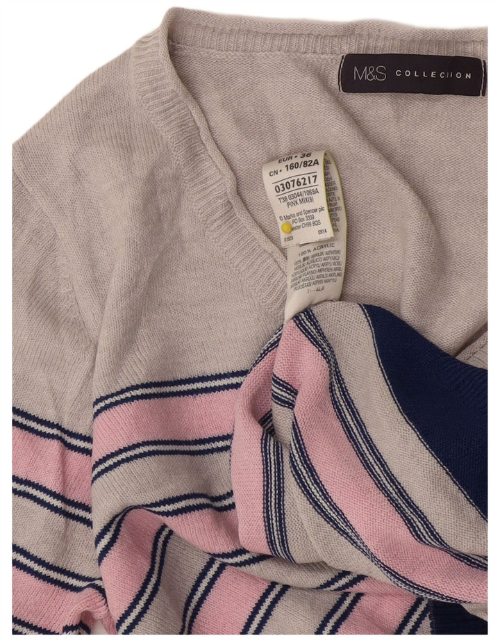 Marks & Spencer Womens V-Neck Jumper Sweater UK 8 Small Pink Striped