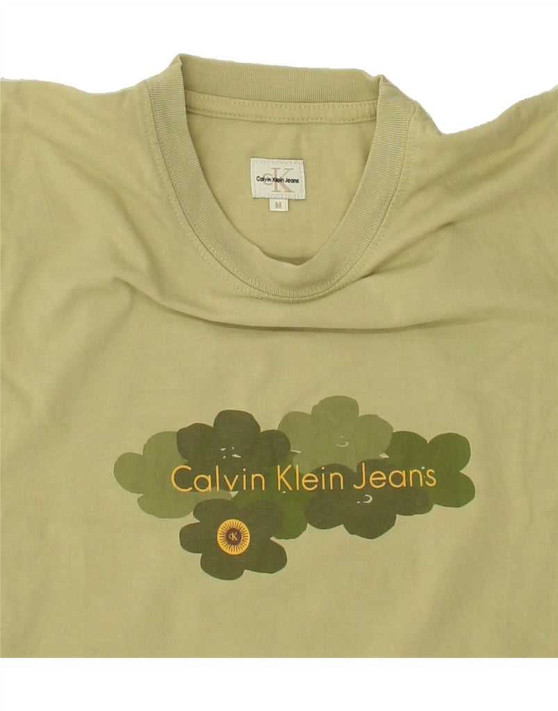 CALVIN KLEIN Womens Crop Graphic T-Shirt Top UK 12 Medium Khaki Cotton | Vintage Calvin Klein | Thrift | Second-Hand Calvin Klein | Used Clothing | Messina Hembry 