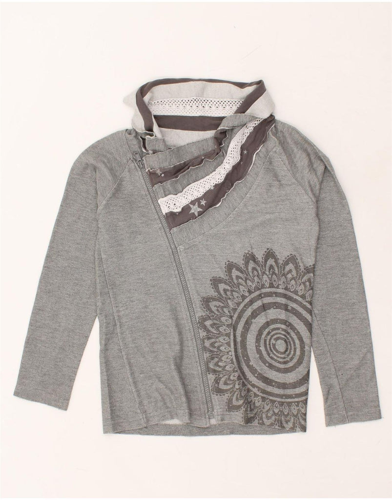DESIGUAL Girls Graphic Cardigan Sweater 11-12 Years Grey Cotton | Vintage Desigual | Thrift | Second-Hand Desigual | Used Clothing | Messina Hembry 