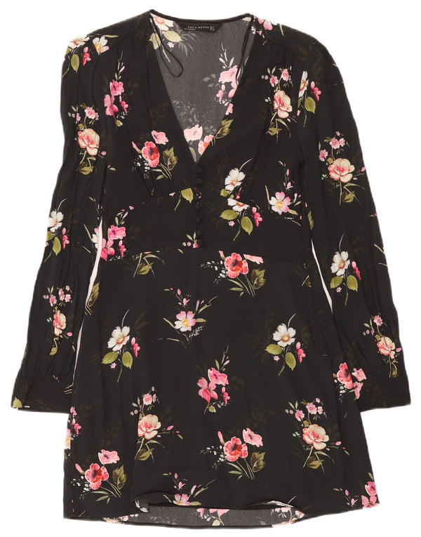 Zara Womens Long Sleeve A-Line Dress UK 10 Small Black Floral