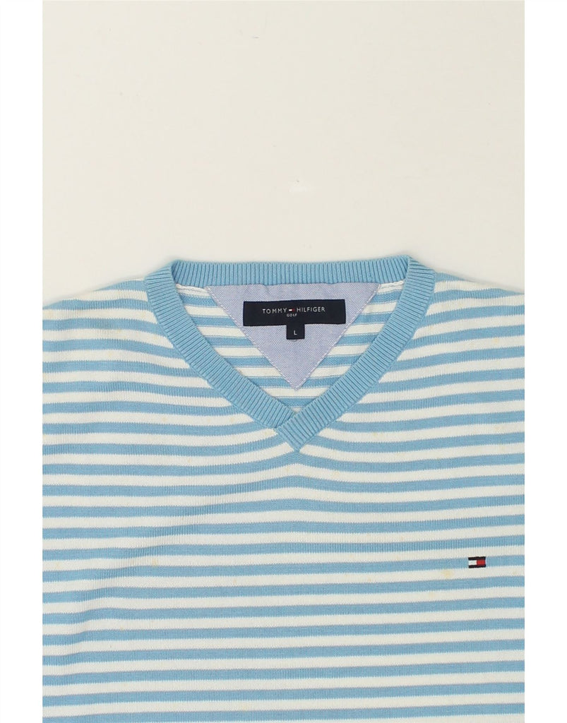 TOMMY HILFIGER Mens V-Neck Jumper Sweater Large Blue Striped Cotton | Vintage Tommy Hilfiger | Thrift | Second-Hand Tommy Hilfiger | Used Clothing | Messina Hembry 