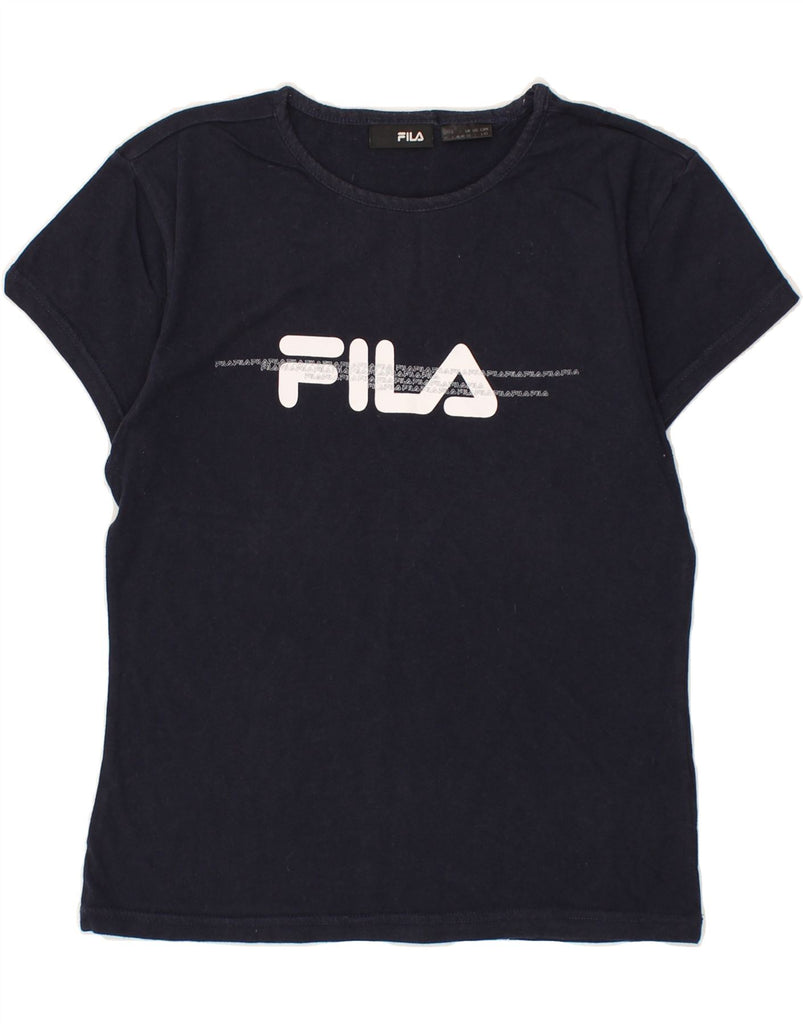 FILA Womens Graphic T-Shirt Top UK 14 Medium Navy Blue Cotton | Vintage Fila | Thrift | Second-Hand Fila | Used Clothing | Messina Hembry 