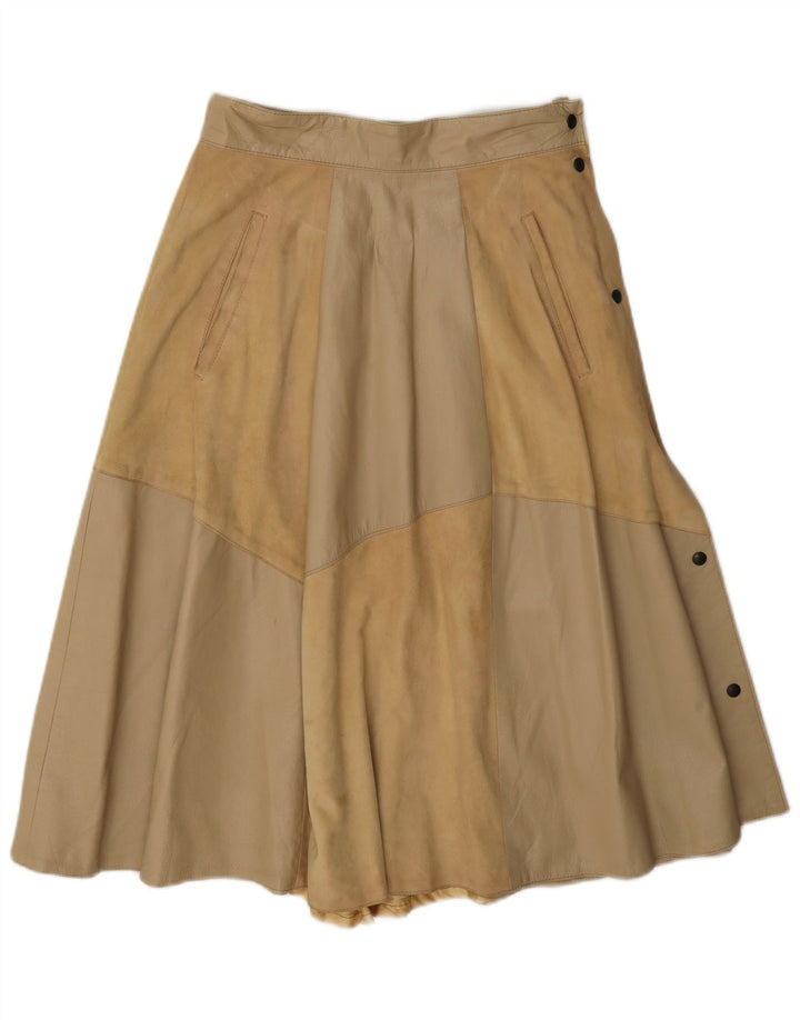 Vintage Womens Leather Flared Skirt IT 42 Medium W26 Beige Colourblock