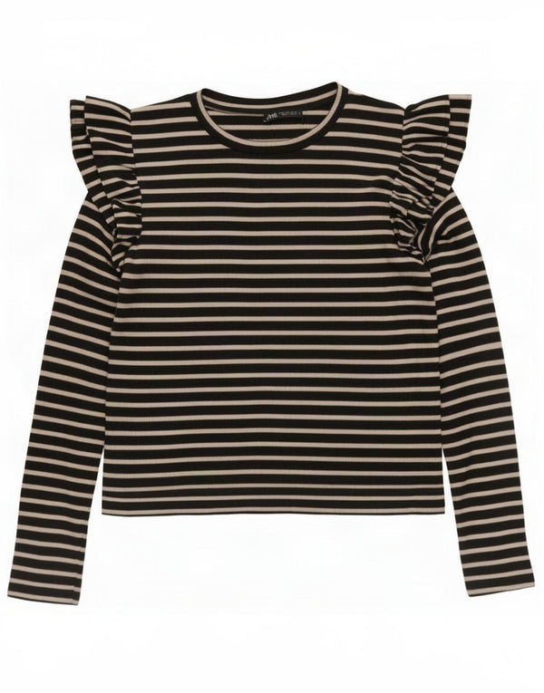 Zara Womens Long Sleeve Blouse Top UK 10 Small Black Striped Cotton