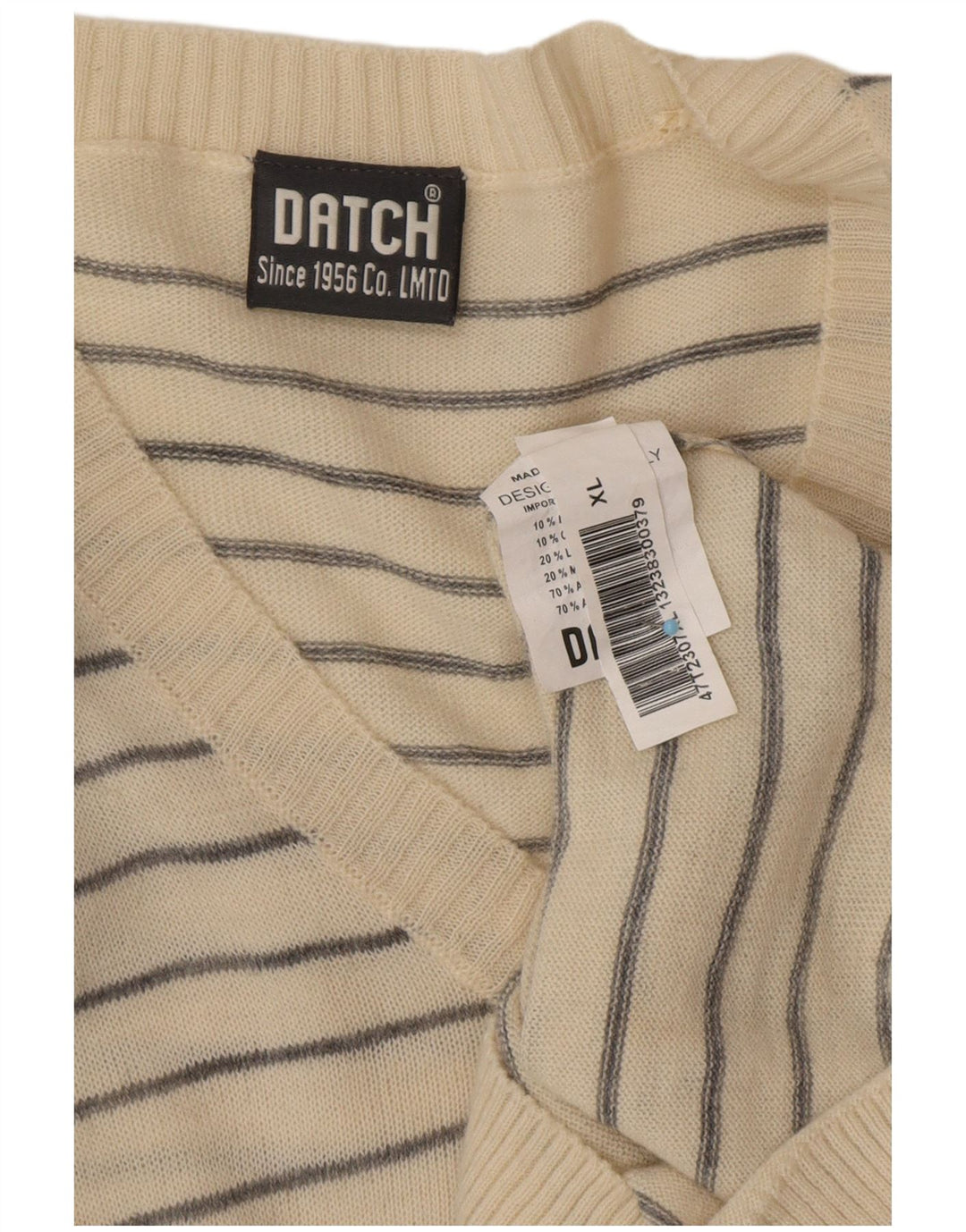 DATCH Mens V-Neck Jumper Sweater XL Off White Striped Acrylic