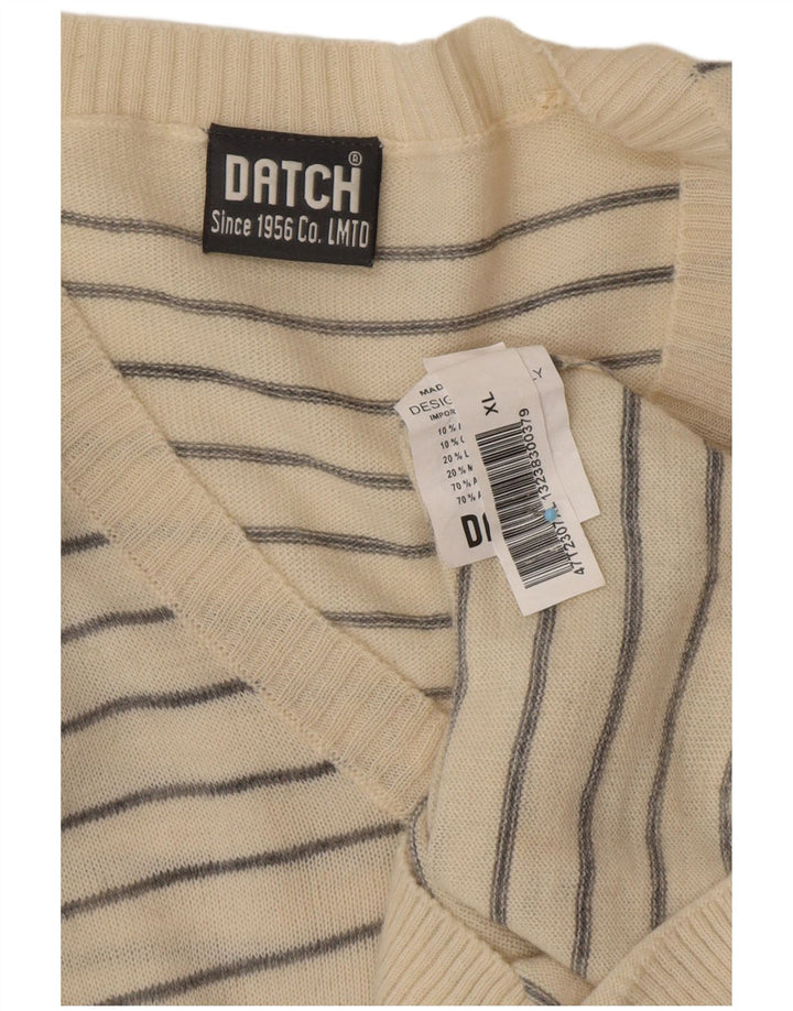 DATCH Mens V-Neck Jumper Sweater XL Off White Striped Acrylic