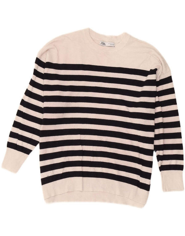 Zara Womens Oversized Crew Neck Jumper Sweater UK 16 Large White Striped