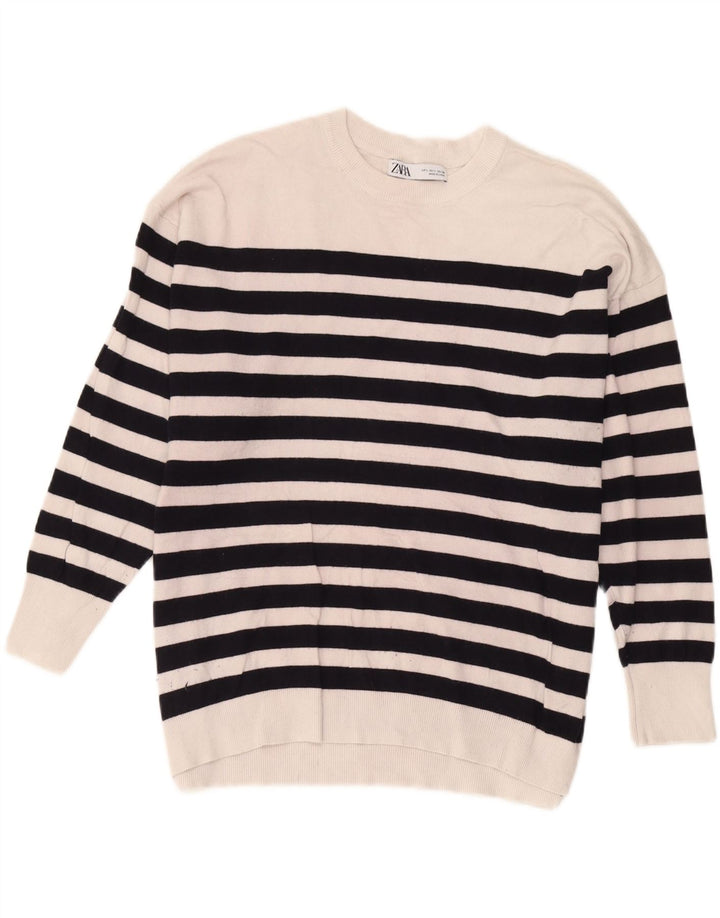 Zara Womens Oversized Crew Neck Jumper Sweater UK 16 Large White Striped
