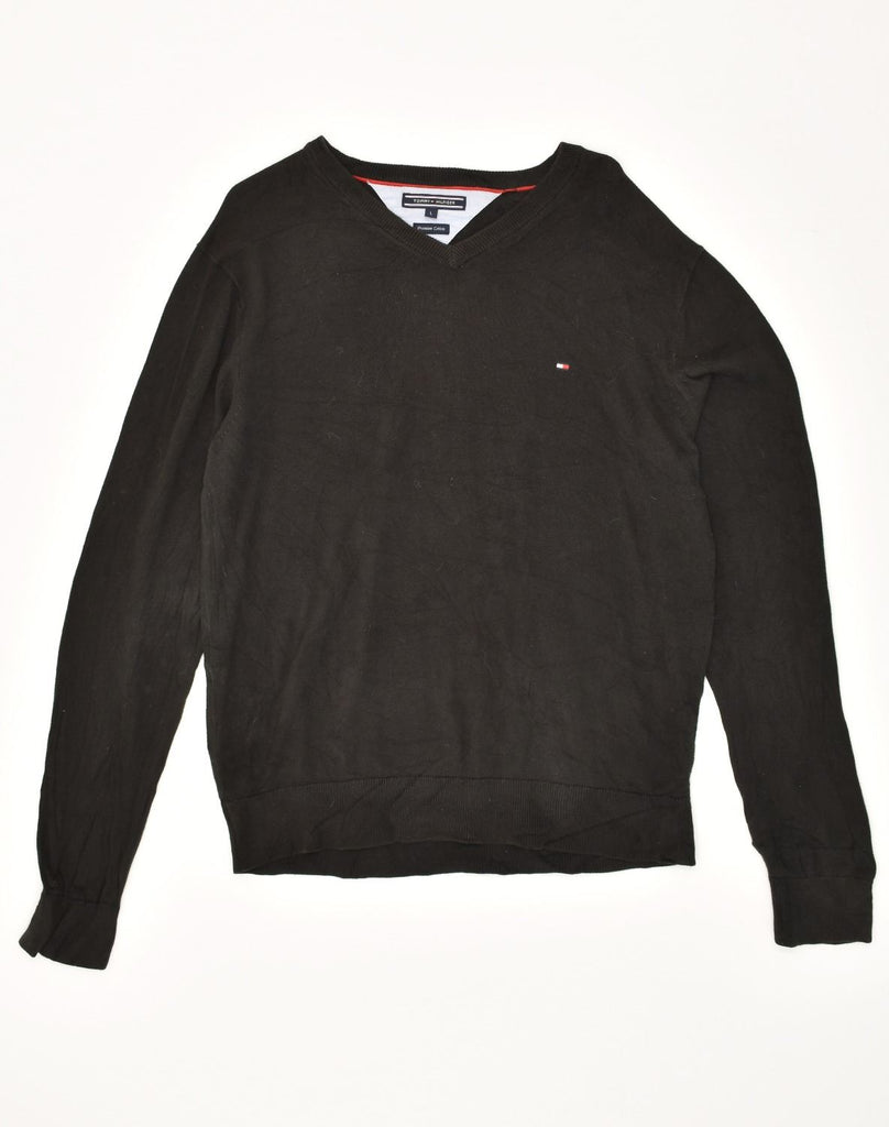 TOMMY HILFIGER Mens V-Neck Jumper Sweater Large Black Cotton | Vintage Tommy Hilfiger | Thrift | Second-Hand Tommy Hilfiger | Used Clothing | Messina Hembry 