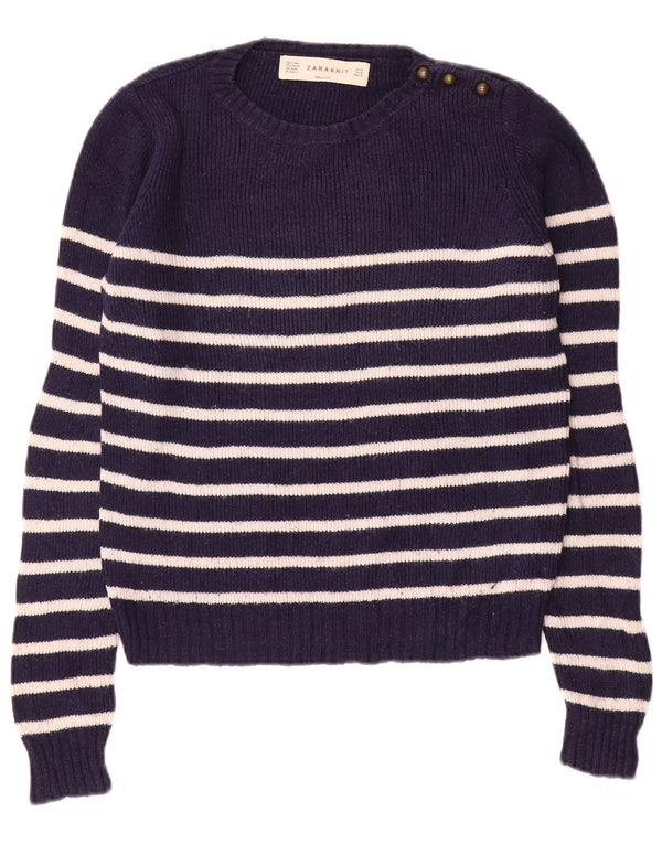 Zara Womens Boat Neck Jumper Sweater UK 12 Medium Navy Blue Striped Cotton