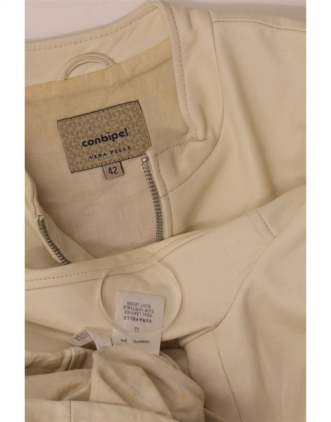 Conbipel Womens Bomber Leather Jacket IT 42 Medium Beige