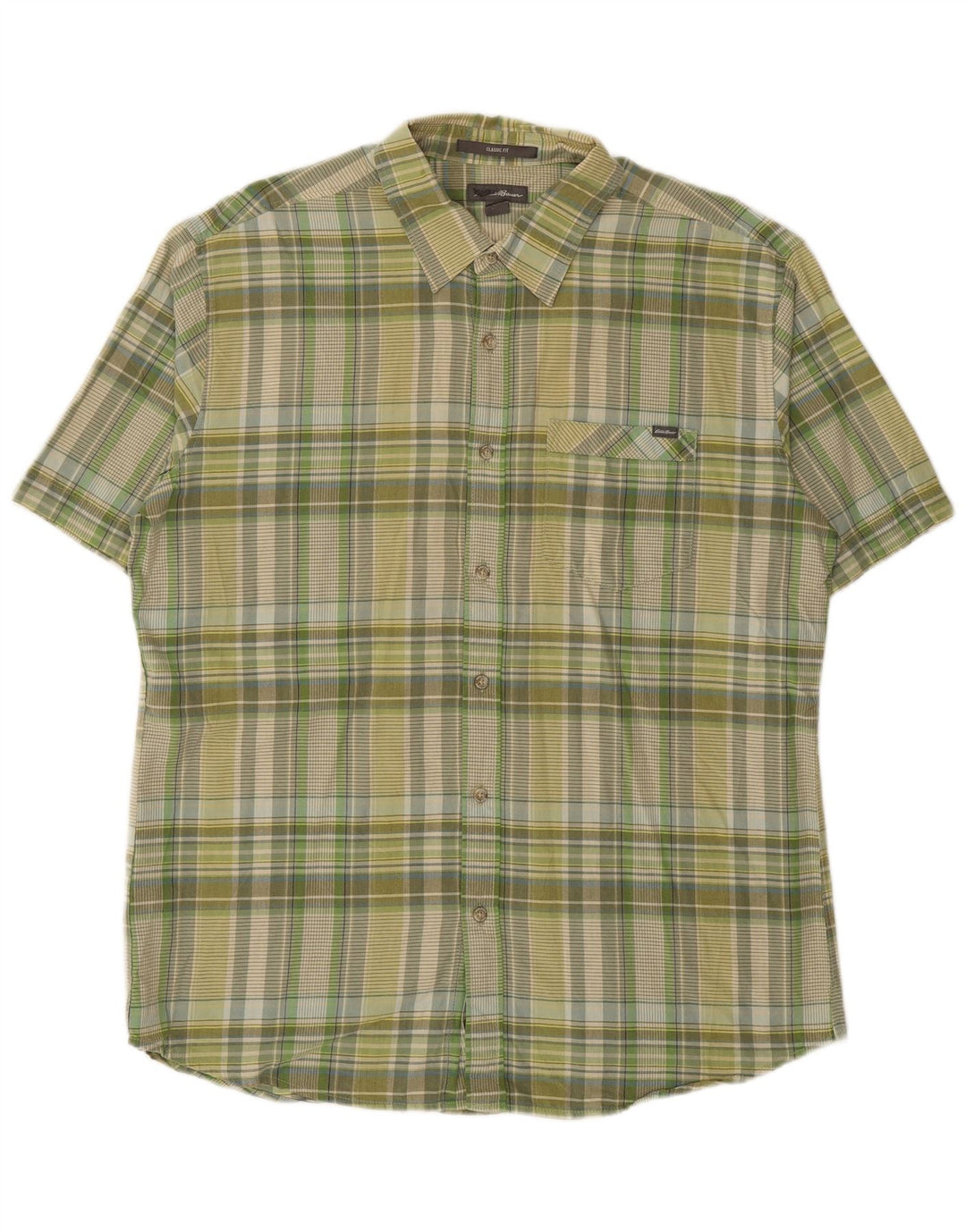 EDDIE BAUER Mens Classic Fit Short Sleeve Shirt Large Green Check Cotton