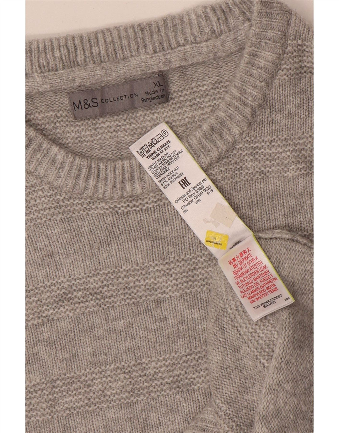 Marks & Spencer Mens Crew Neck Jumper Sweater XL Grey Striped Acrylic