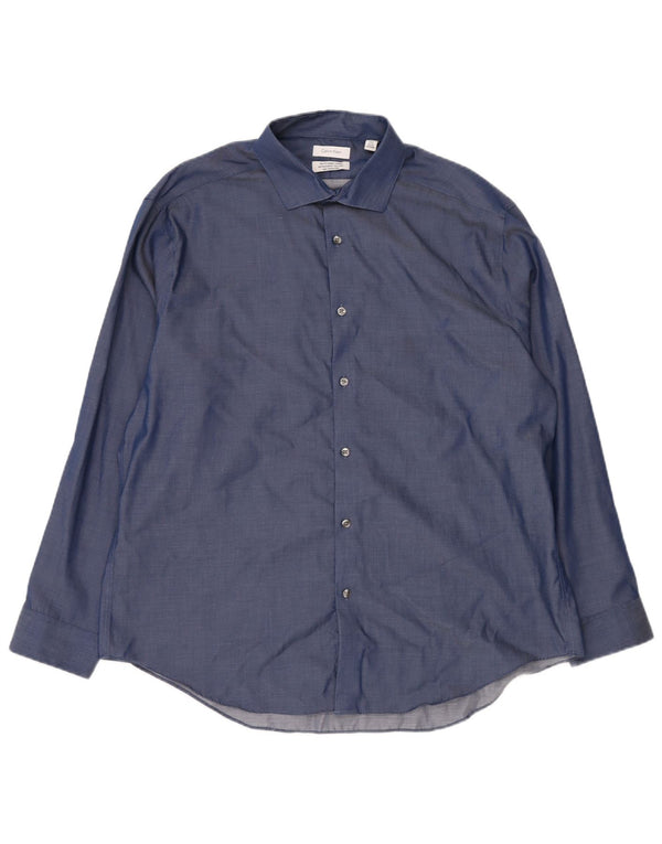 Calvin Klein Mens Slim Fit Shirt Size 17 1/2 XL Navy Blue Cotton