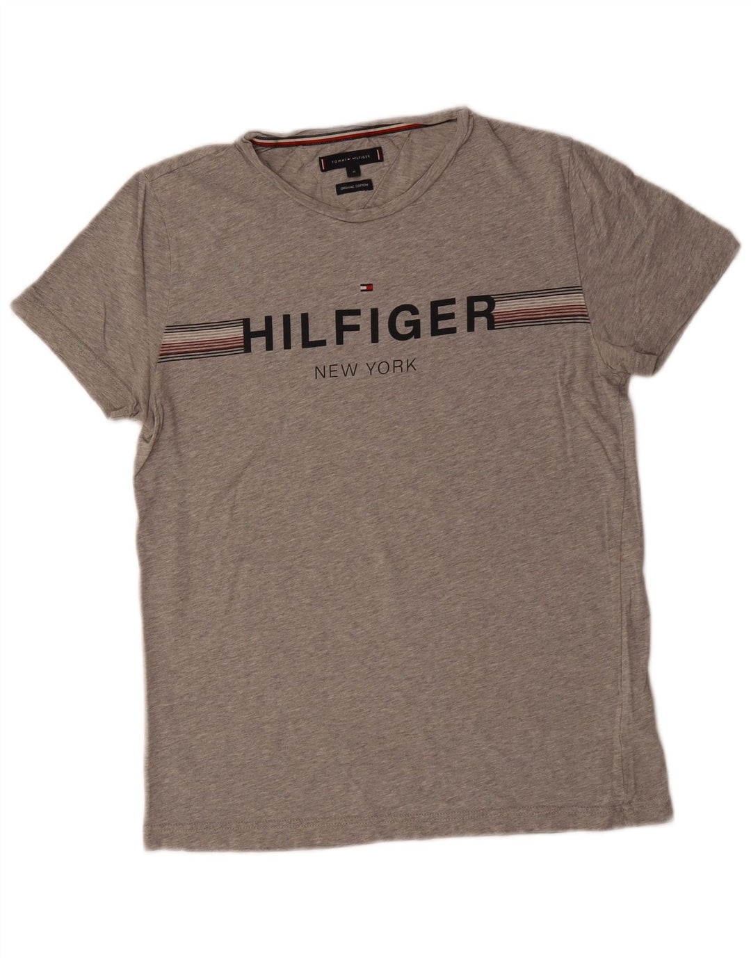 TOMMY HILFIGER Mens Graphic T-Shirt Top Medium Grey Striped Cotton