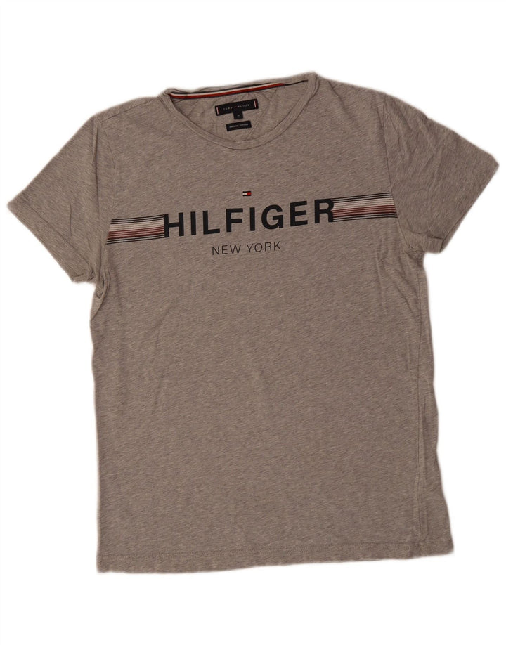 TOMMY HILFIGER Mens Graphic T-Shirt Top Medium Grey Striped Cotton