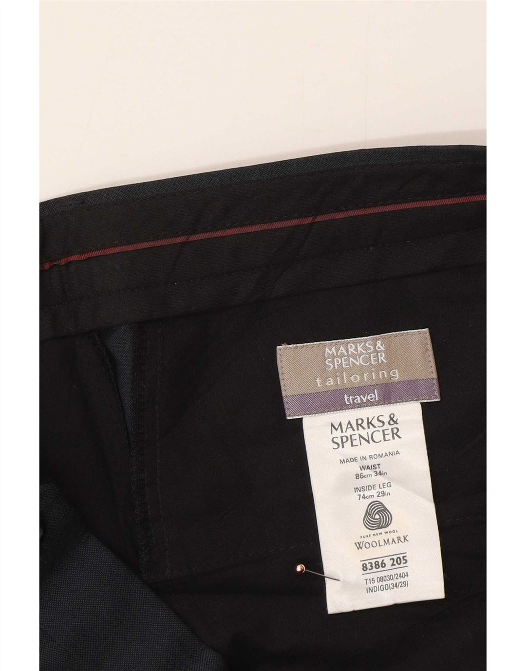 Marks & Spencer Mens Straight Casual Trousers W34 L29 Navy Blue Wool
