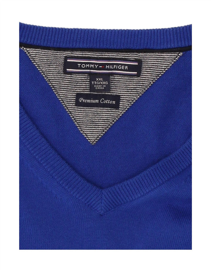 TOMMY HILFIGER Mens V-Neck Jumper Sweater 2XL Blue Cotton