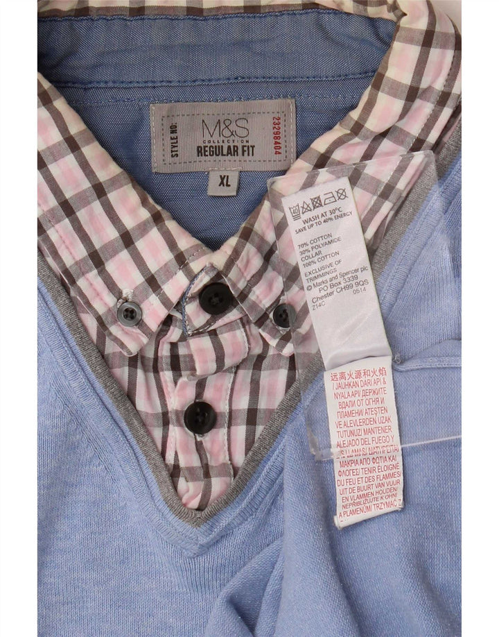 Marks & Spencer Mens Regular Fit V-Neck Jumper Sweater XL Blue Check Cotton