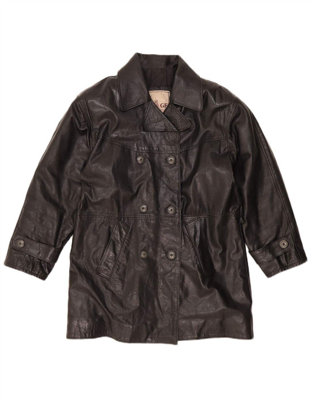 GF Womens Double Breasted Oversized Leather Coat UK 10 Small Black Leather