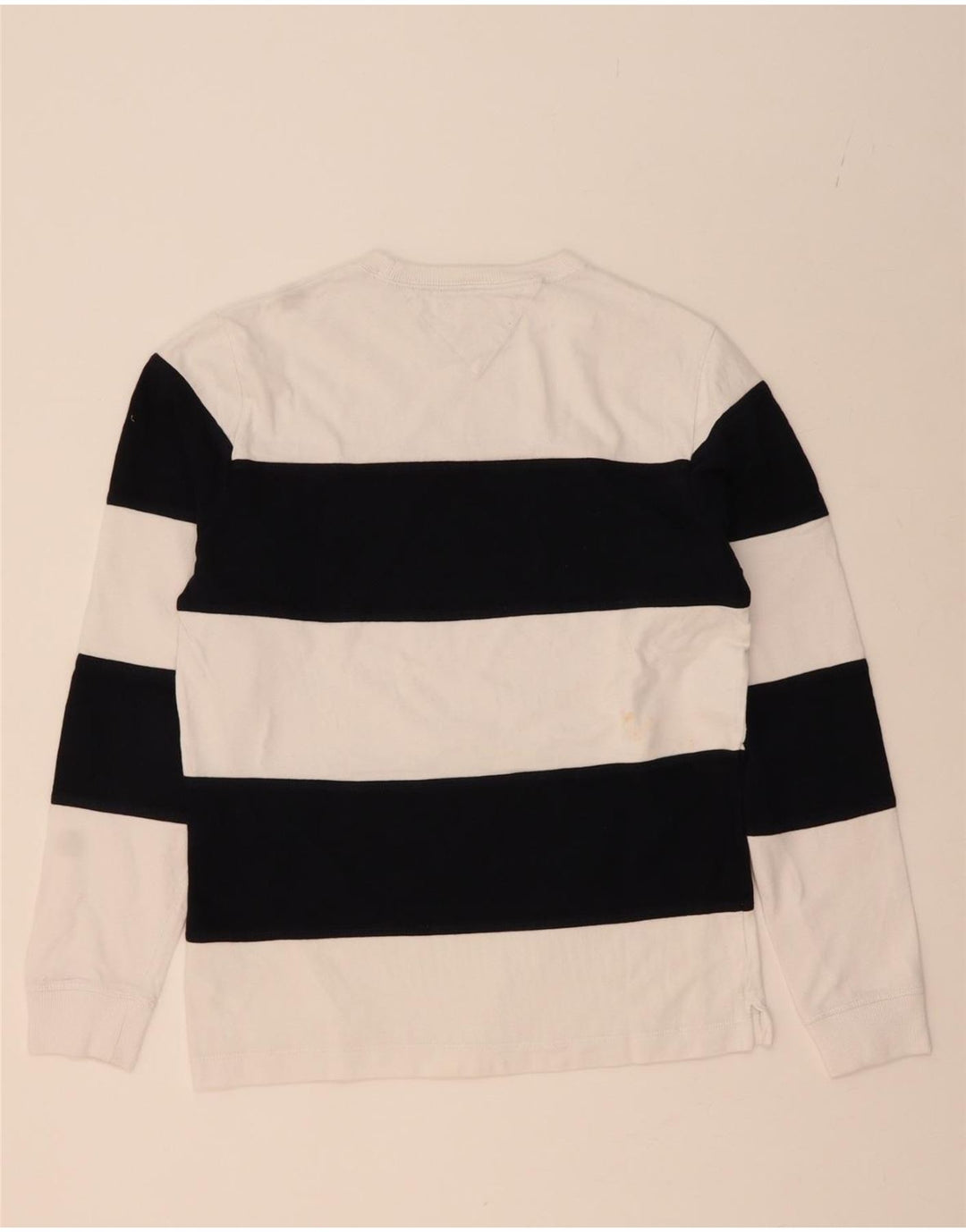 TOMMY HILFIGER Mens Crew Neck Jumper Sweater Medium White Striped Cotton Vintage Tommy Hilfiger and Second-Hand Tommy Hilfiger from Messina Hembry 