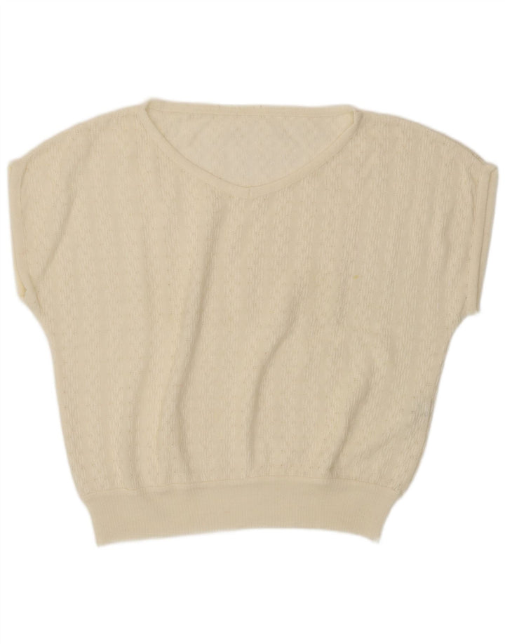 VINTAGE Womens Short Sleeve V-Neck Jumper Sweater IT 46 Large White
