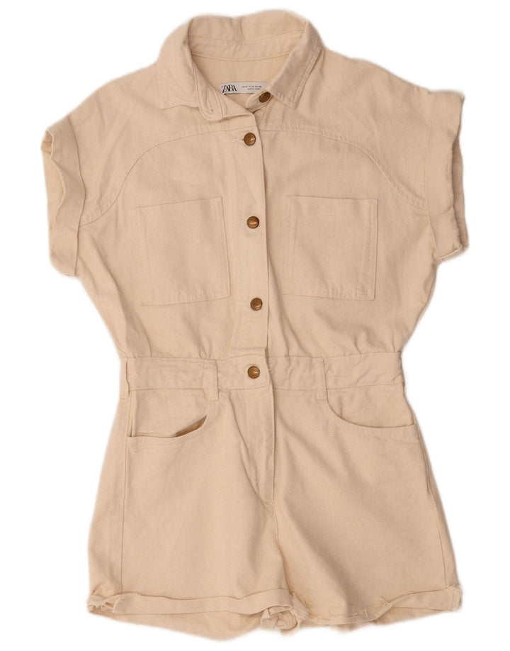 Zara Womens Denim Playsuit UK 14 Medium Beige Cotton