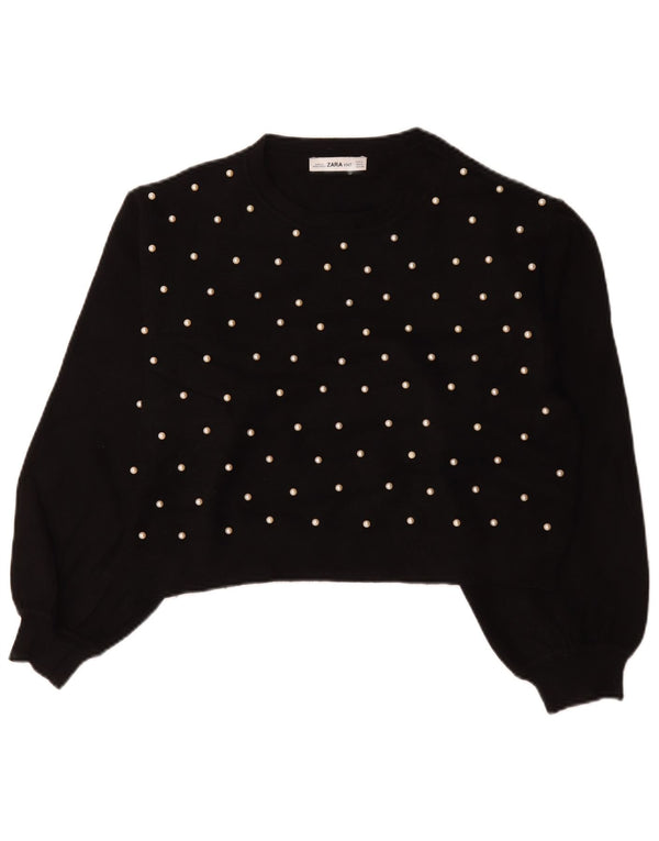 Zara Womens Crop Crew Neck Jumper Sweater UK 14 Medium Black Viscose