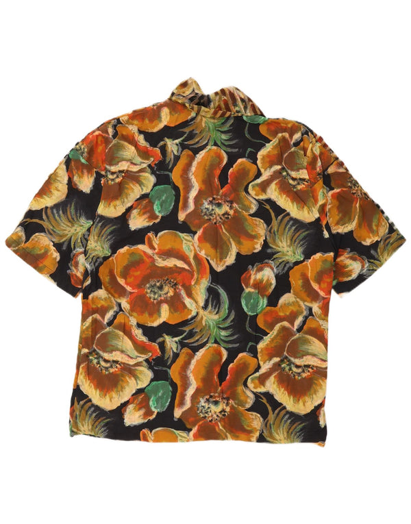 Vintage Womens Short Sleeve Shirt Blouse UK 14 Medium Black Floral Viscose