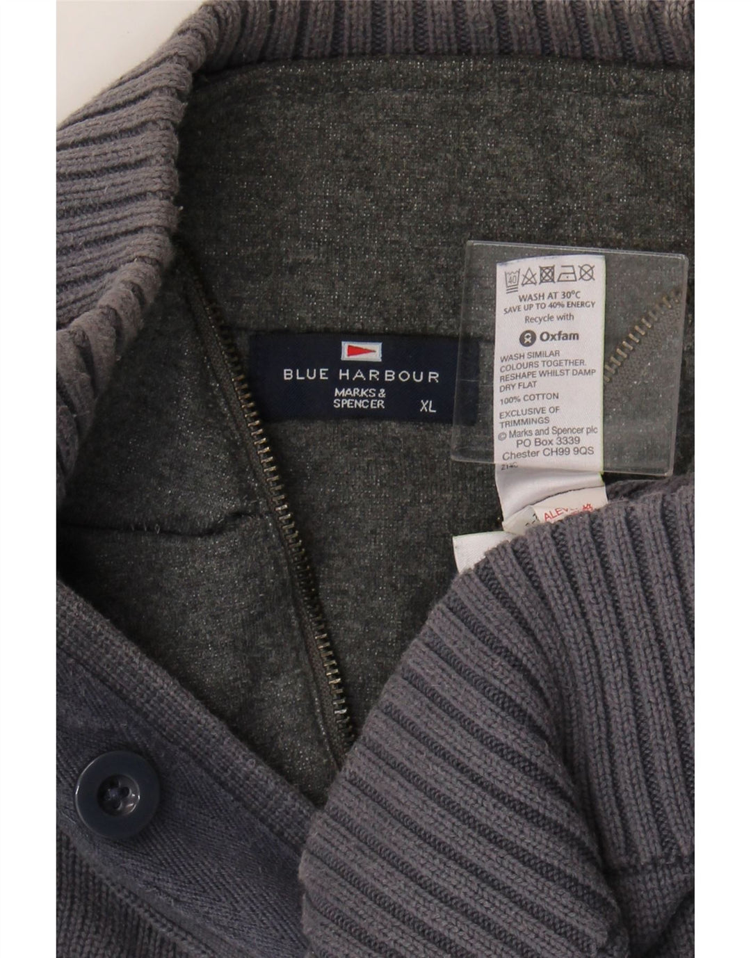 MARKS & SPENCER Mens Button Neck Jumper Sweater XL Grey Cotton Vintage Marks & Spencer and Second-Hand Marks & Spencer from Messina Hembry 
