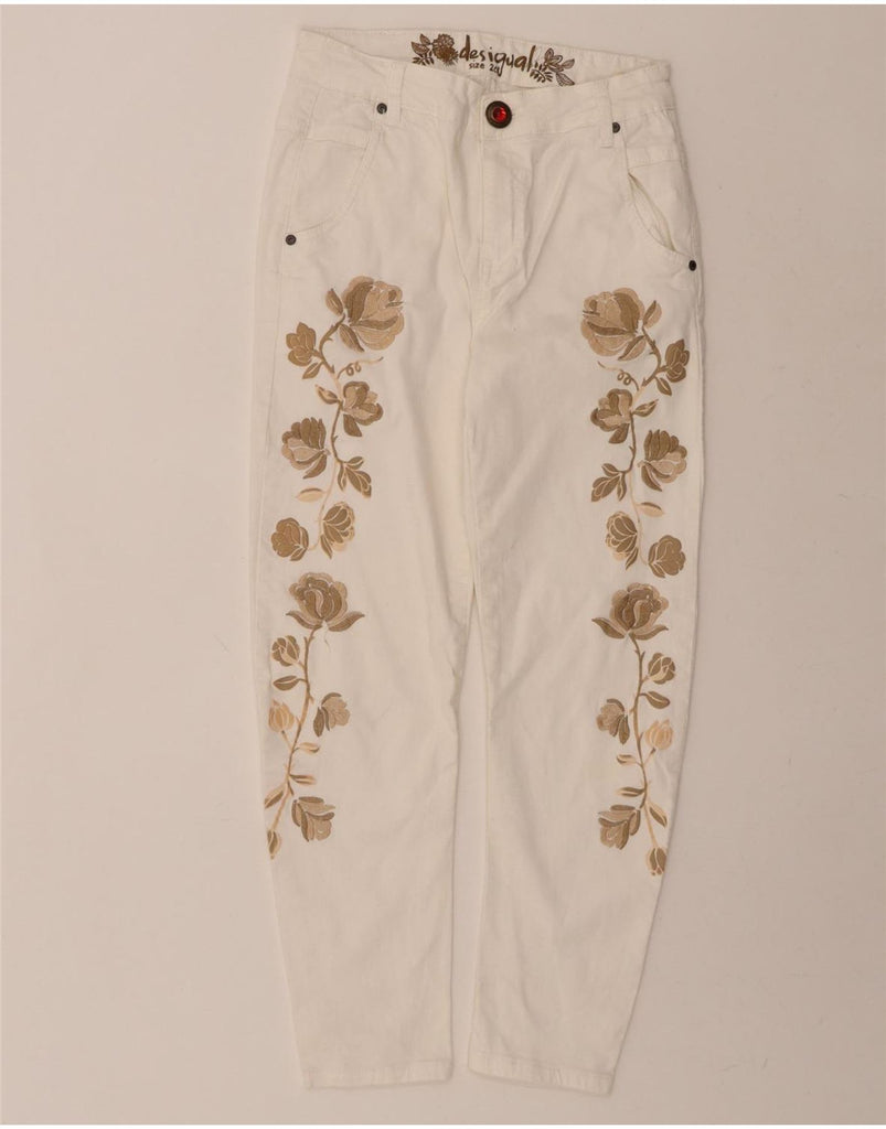 DESIGUAL Womens Slim Cropped Trousers W26 L24 White Floral Cotton Vintage Desigual and Second-Hand Desigual from Messina Hembry 