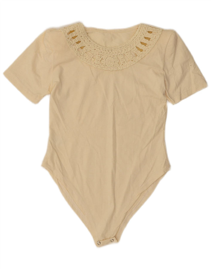 Vintage Womens Bodysuit UK 10 Small Beige Cotton