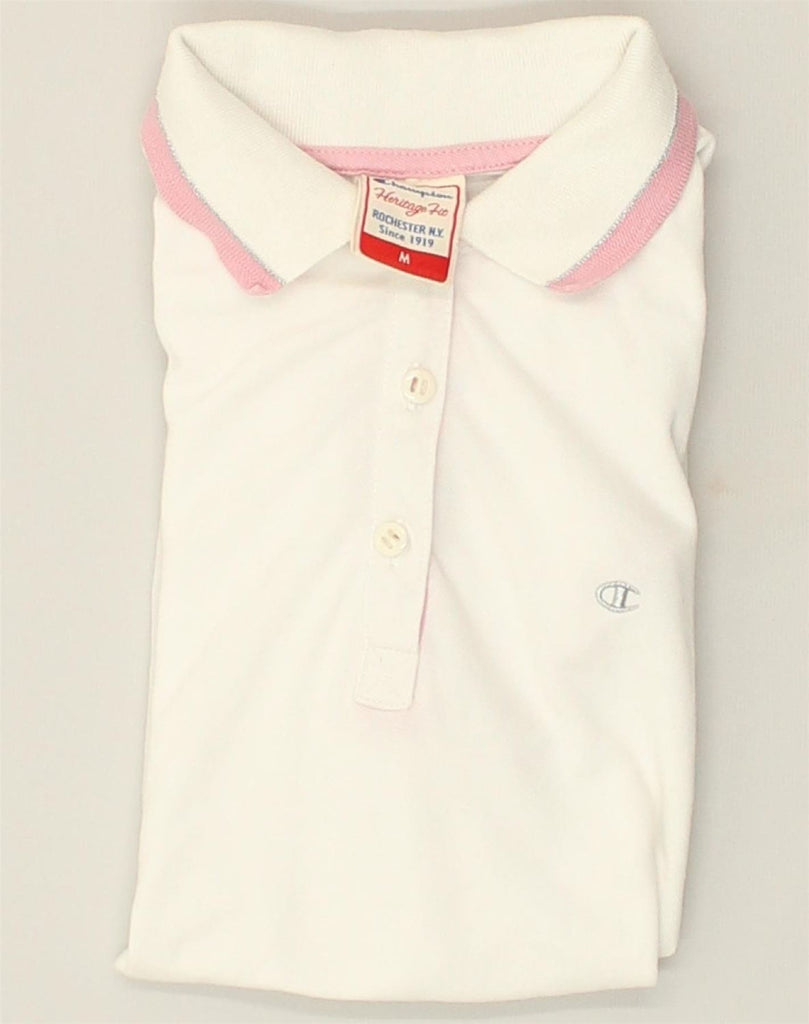 CHAMPION Womens Heritage Fit Polo Shirt UK 14 Medium White | Vintage Champion | Thrift | Second-Hand Champion | Used Clothing | Messina Hembry 