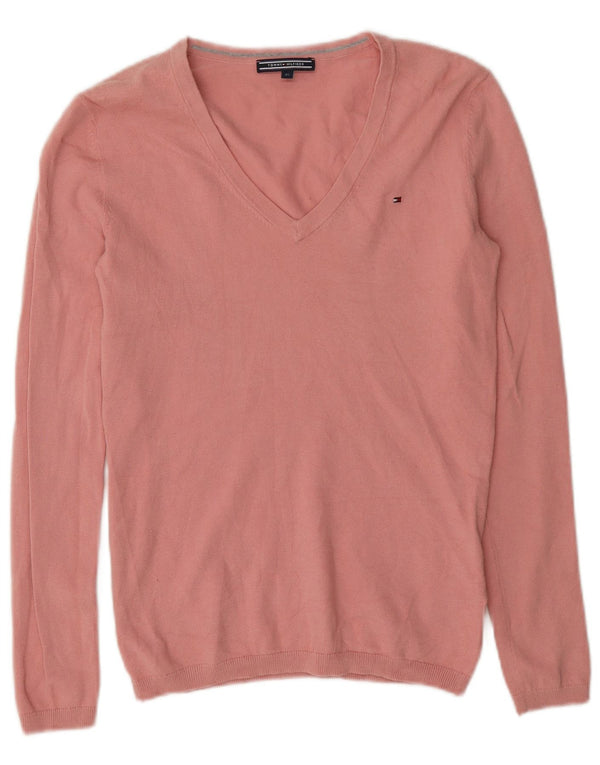 Tommy Hilfiger Womens V-Neck Jumper Sweater UK 6 XS Pink Cotton